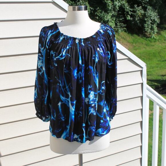 Artelier Nicole Miller Women's Silk Blouse Abstract Blue Smoke Swirls Print - Picture 7 of 16
